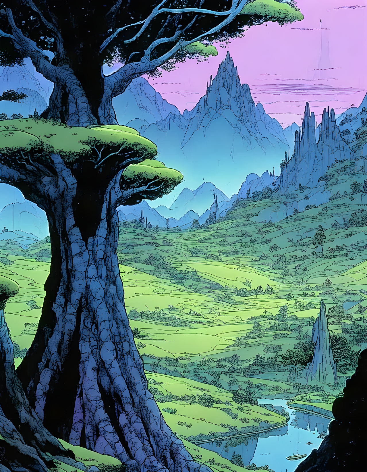 Fantasy landscape with gnarled trees, green fields, mountains, and twilight sky.