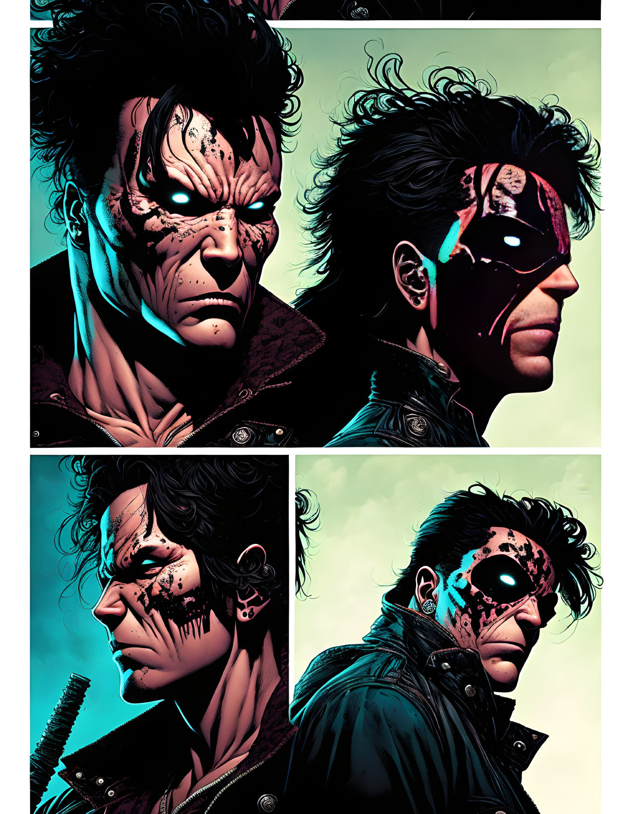 Male character with facial scars and black eye mask in comic book style panels