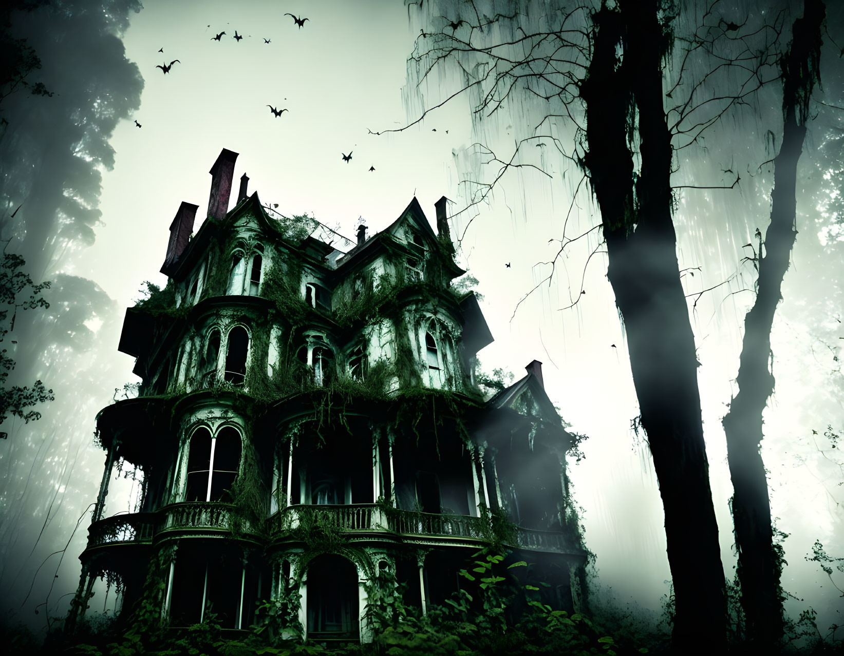 Desolate Victorian mansion engulfed in mist and vines