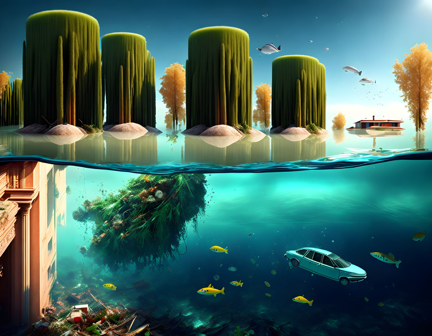 Split-view surreal landscape: green islands, autumn trees, flying birds, submerged urban scene with fish,