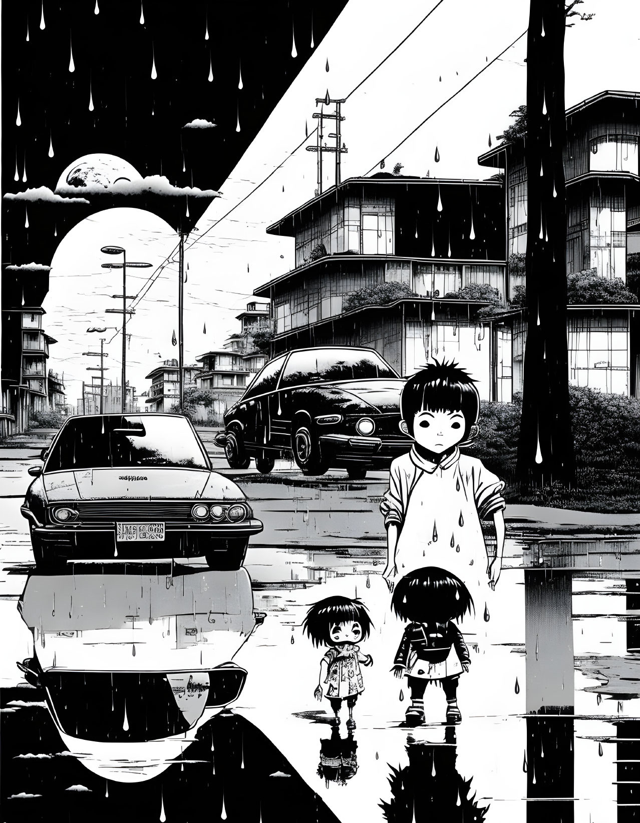 Monochrome illustration of child with umbrella in rain next to parked cars