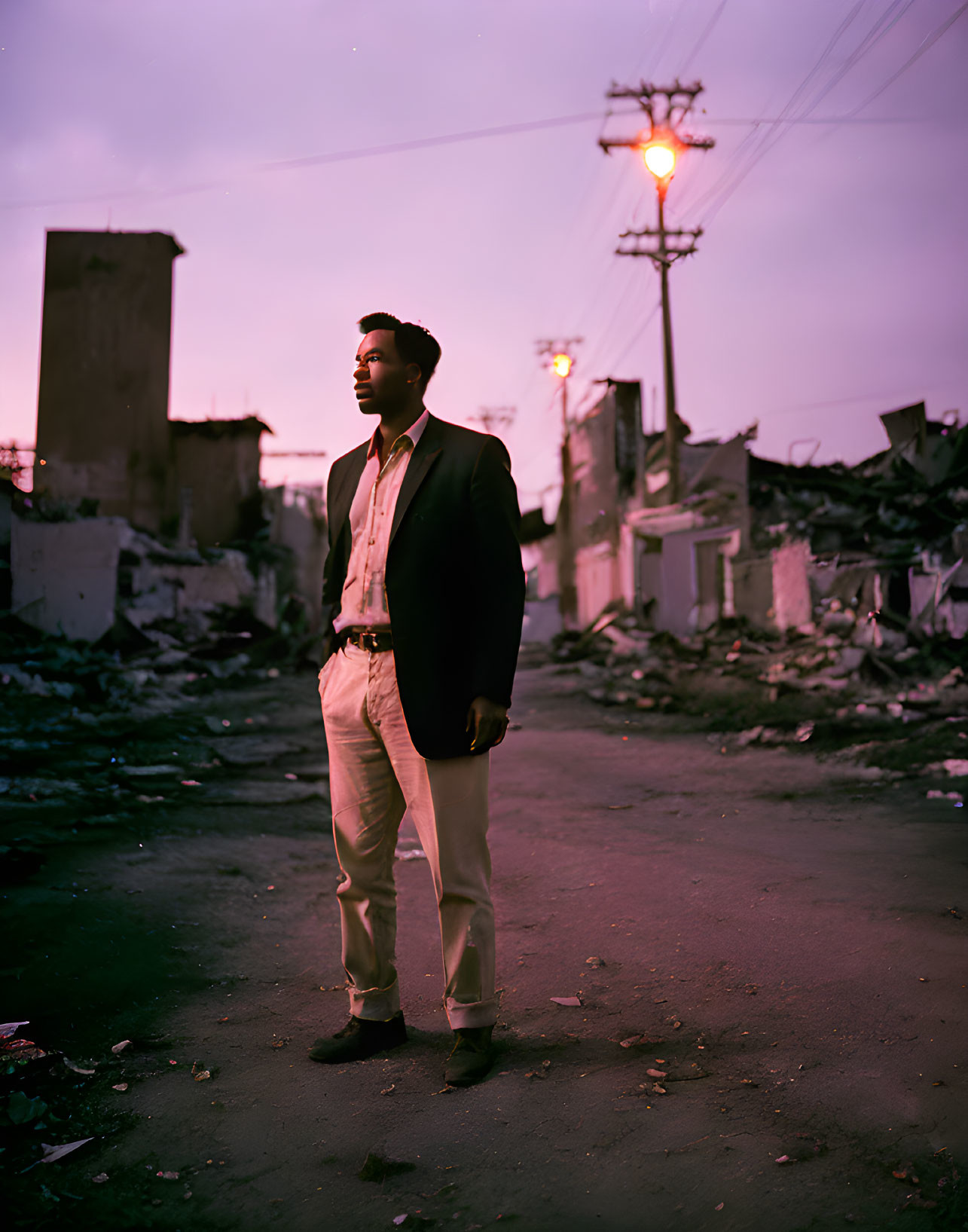 Man standing in desolate area at twilight with rubble and ruins, lit streetlamp and buildings in background