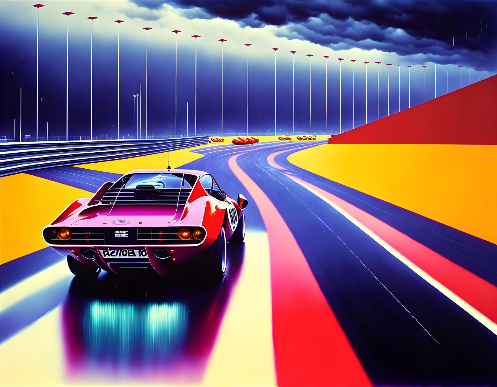 Colorful racetrack scene with red sports car and futuristic elements