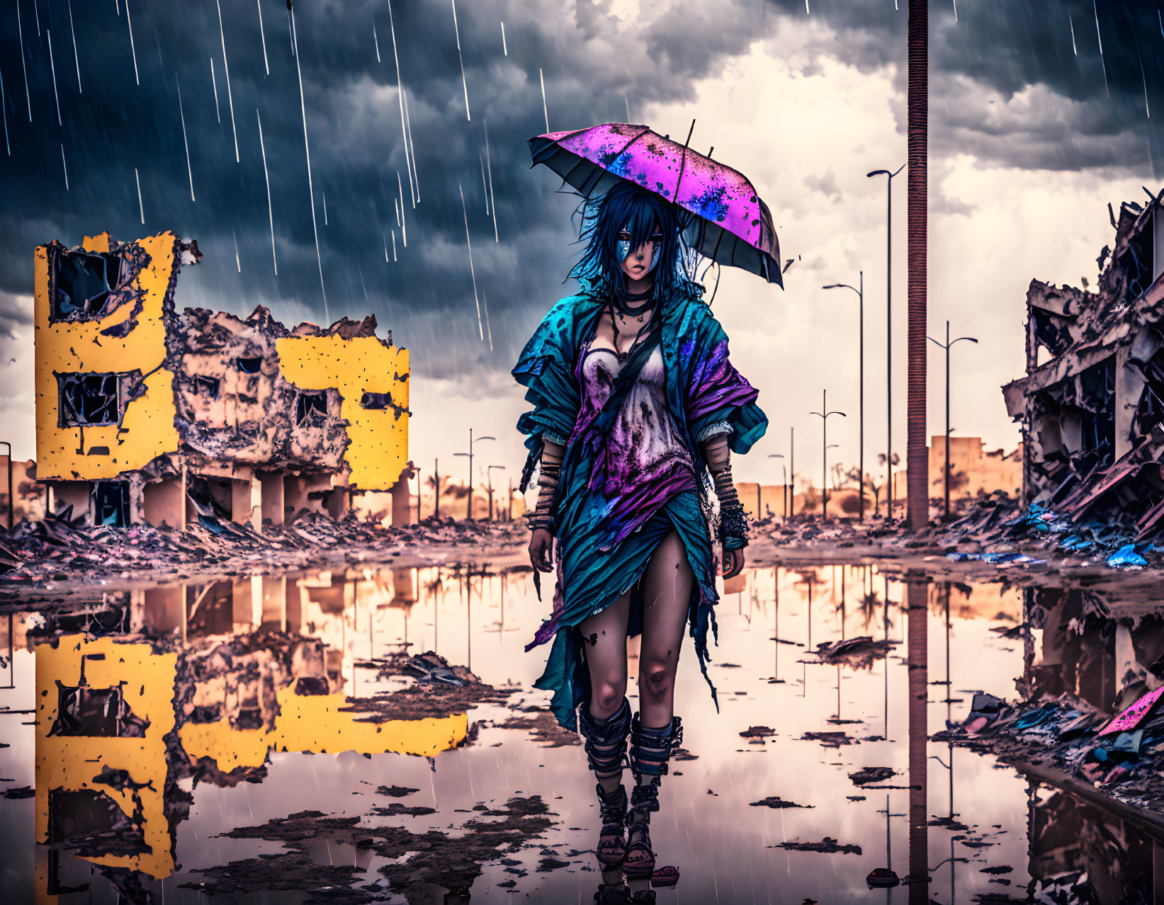 Blue-haired person in urban rain with pink umbrella and reflections.