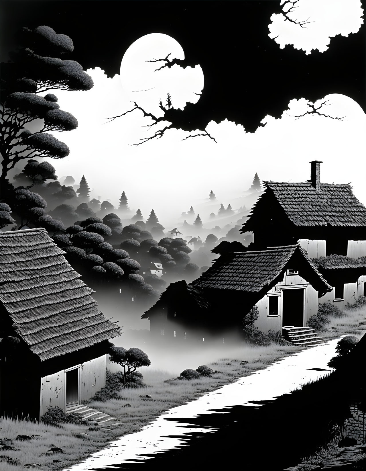 Tranquil monochromatic village scene with foggy landscape and full moon