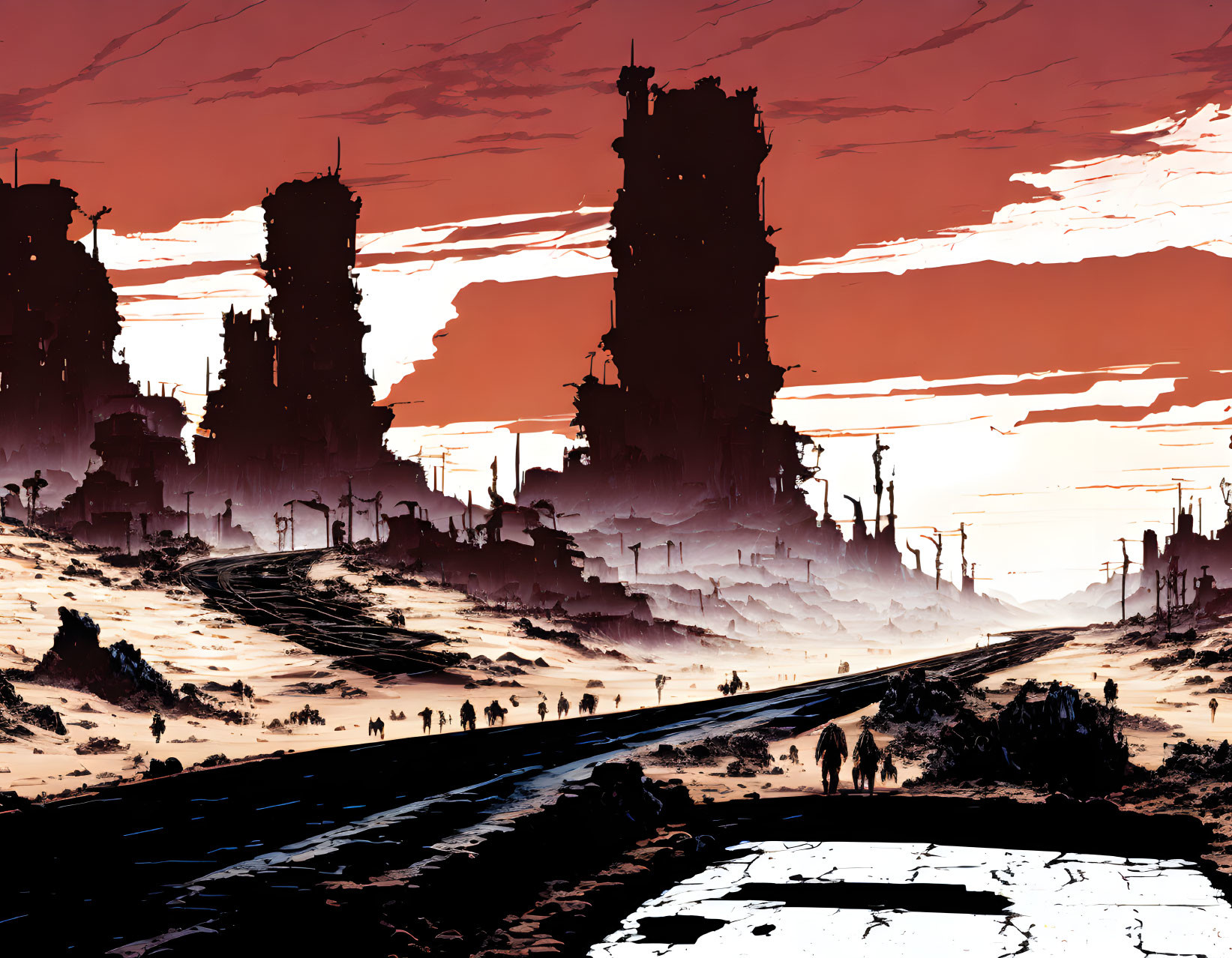 Dystopian landscape with towering ruins and silhouettes walking on worn road