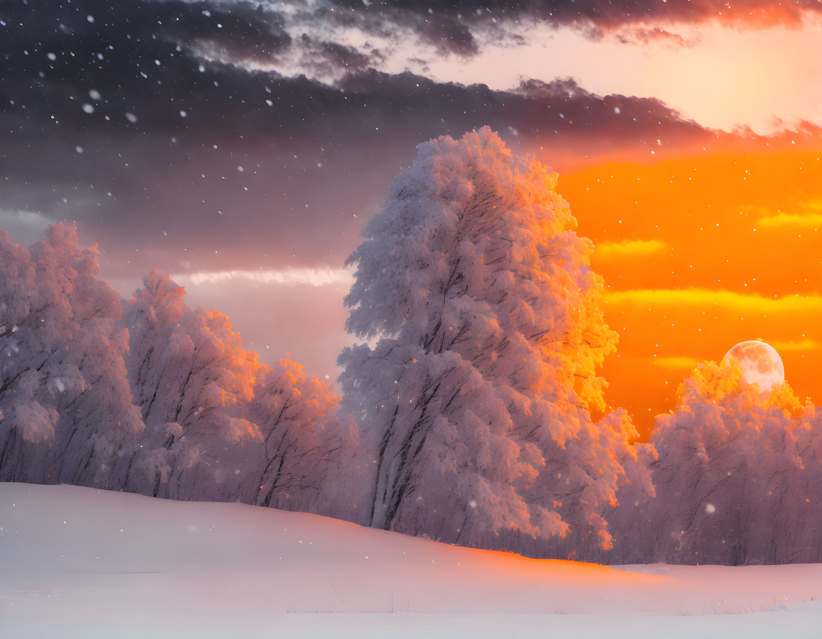 Snow-covered trees in vibrant sunset with falling snowflakes