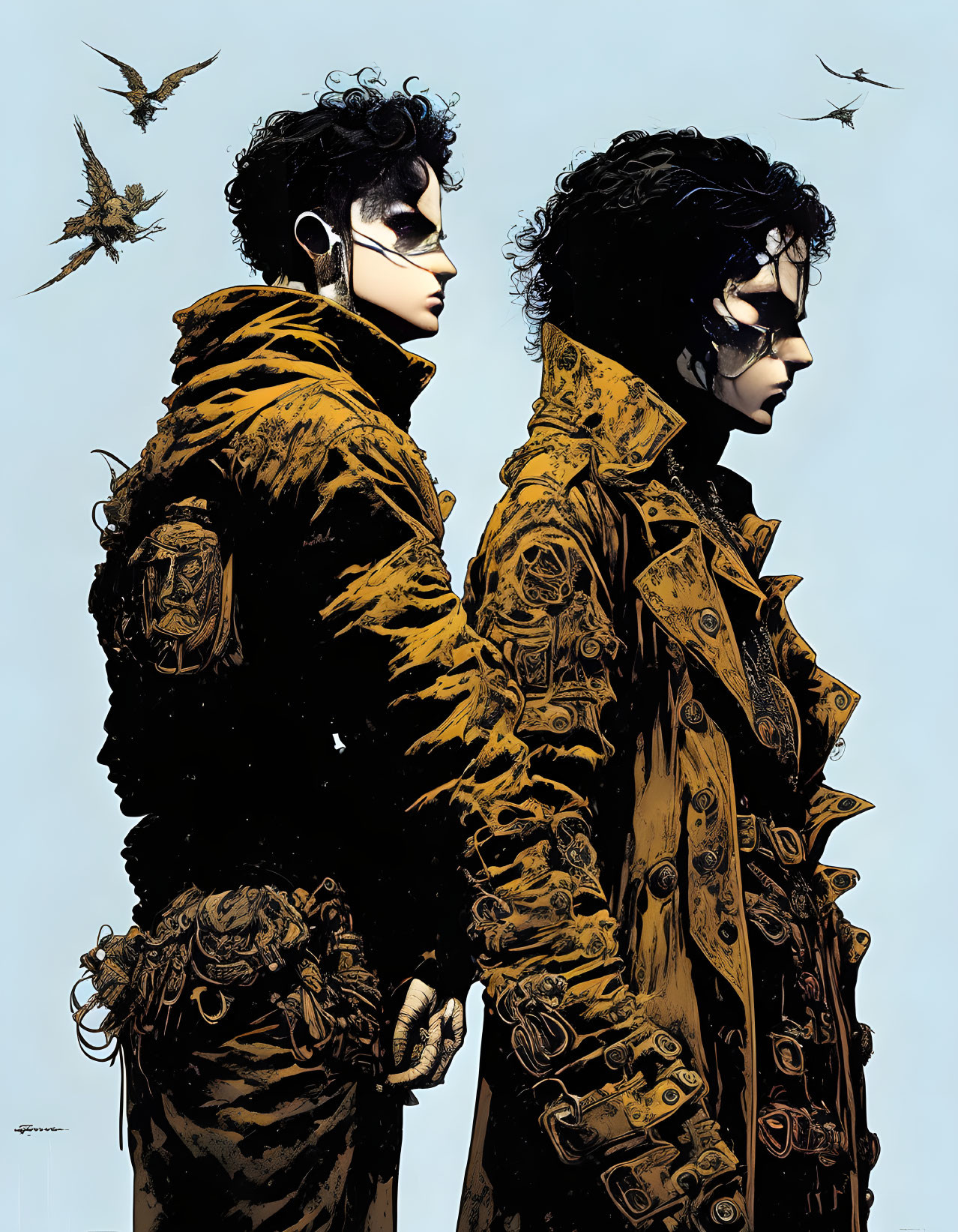 Stylized characters in ornate military jackets with avian motifs standing back to back under a sky