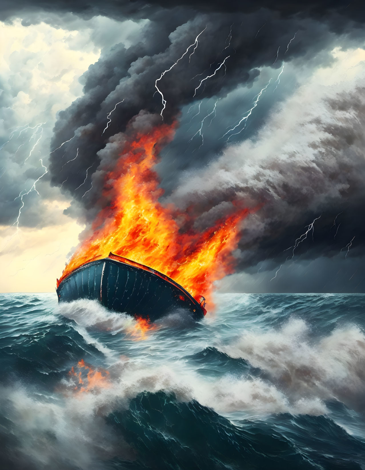 Stormy seas with ship on fire and lightning strikes.