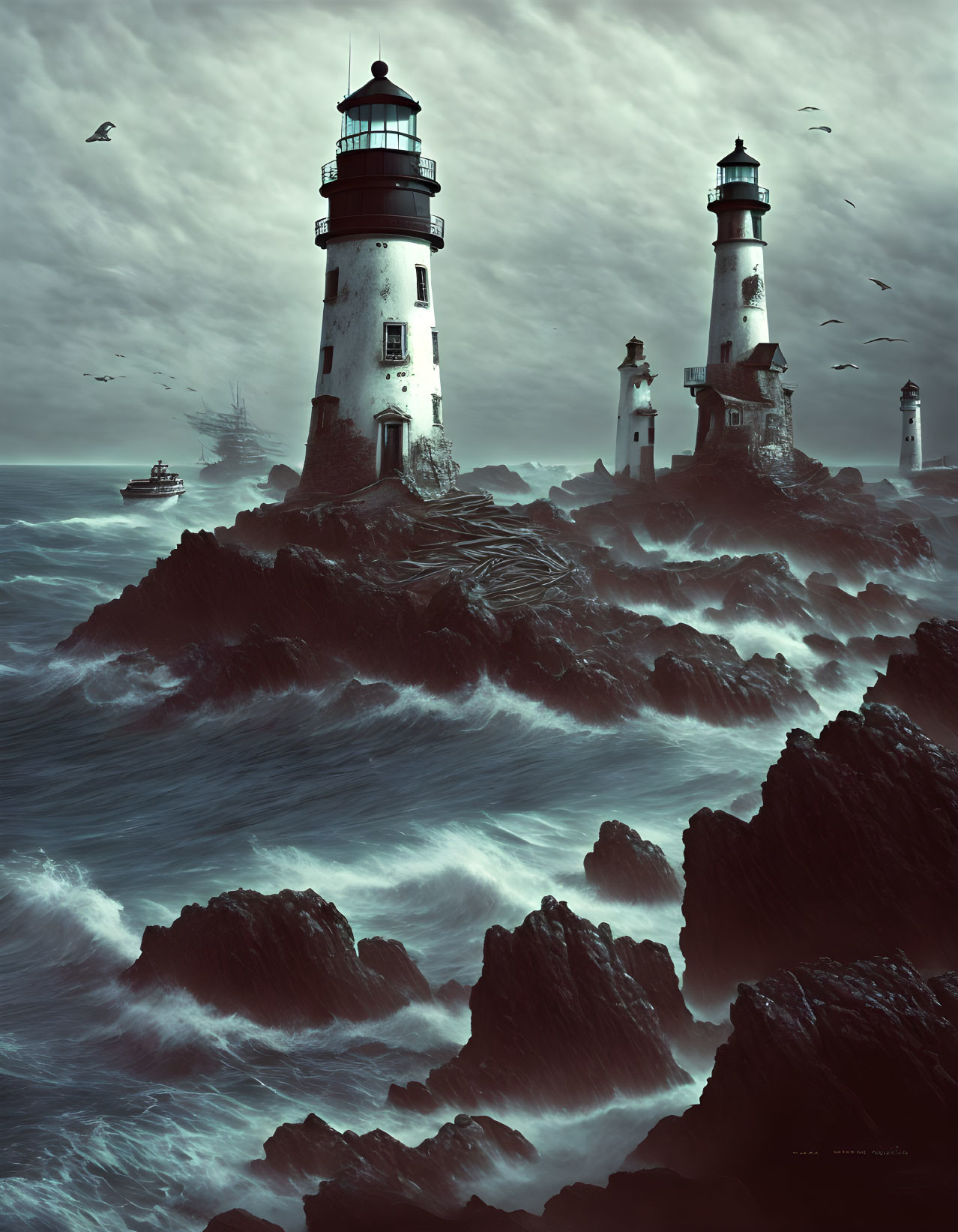 Dramatic scene of multiple lighthouses on rugged cliffs amid turbulent ocean waves