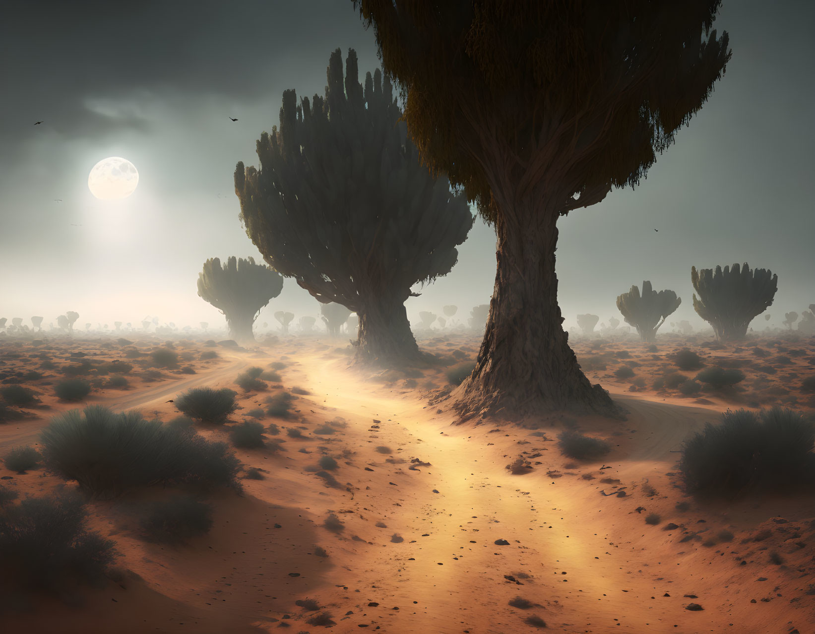 Twilight desert landscape with winding path, unique trees, and moonlit sky