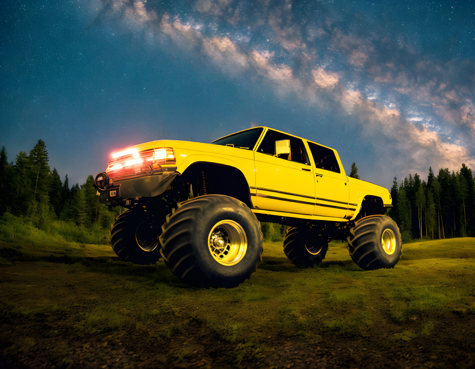 Yellow Pickup Truck with Off-Road Tires in Forest Clearing at Night