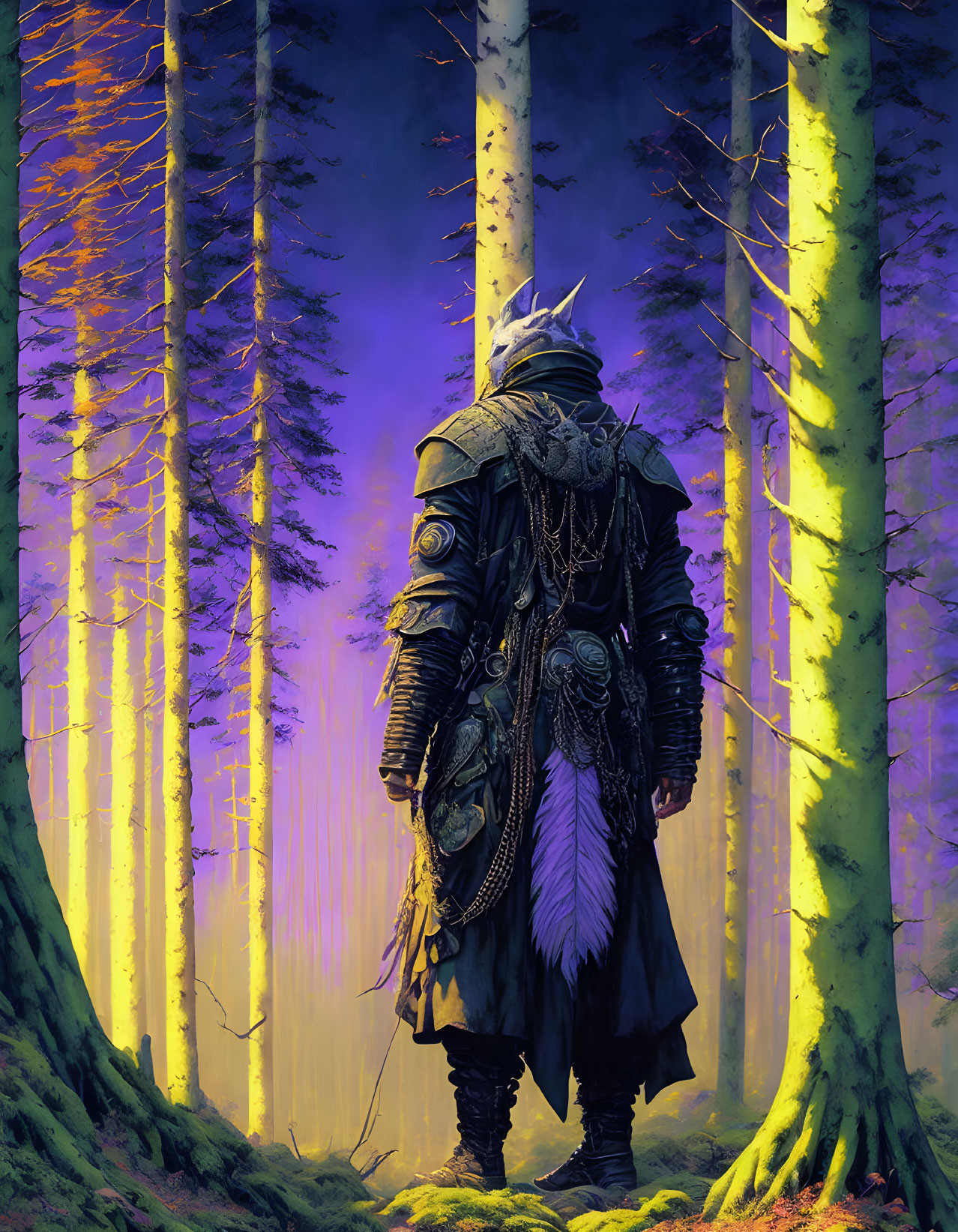 Cloaked figure in medieval armor in mystical forest with purple-lit trees