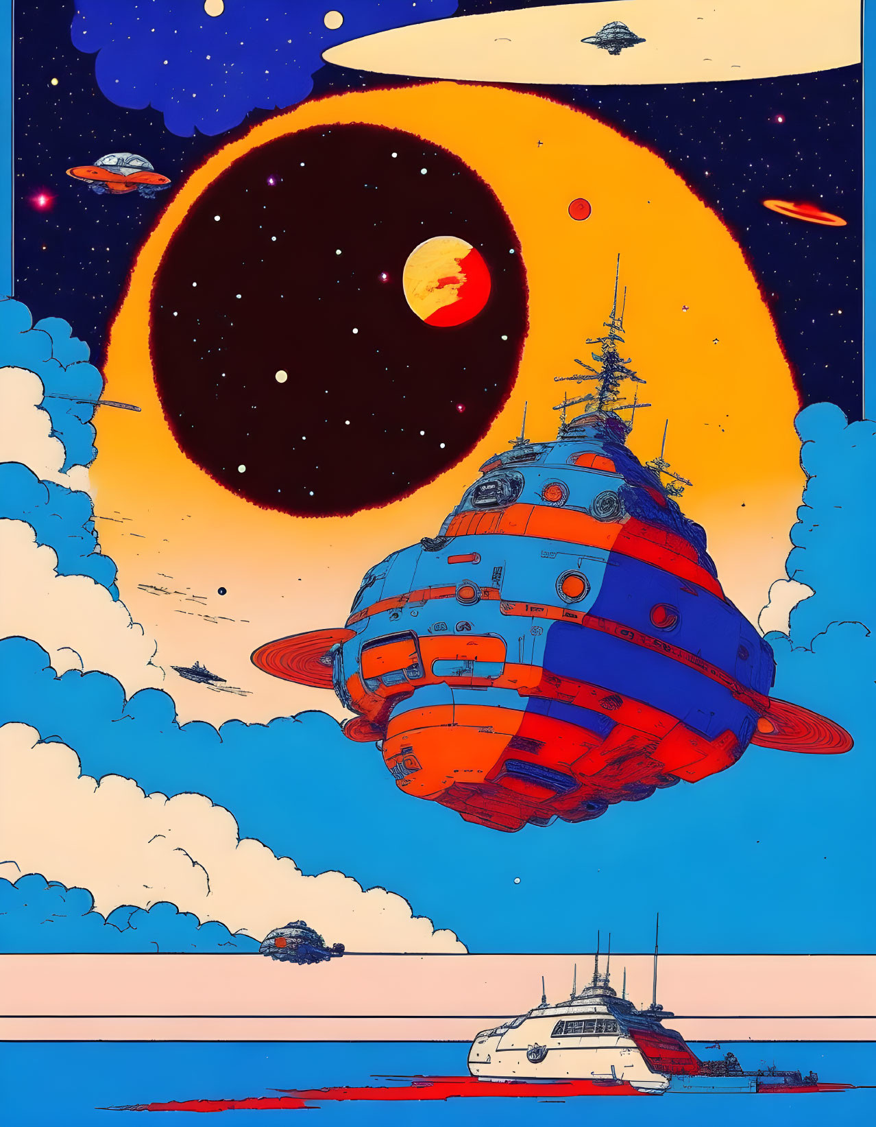 Retro-futuristic floating city with spaceships and celestial backdrop