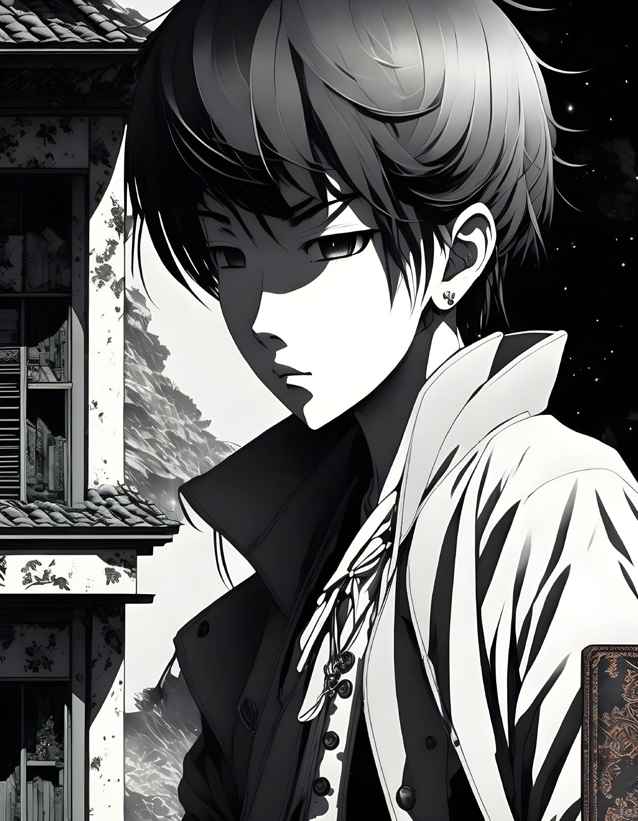 Monochrome anime-style male character with dark hair in detailed jacket against traditional buildings.