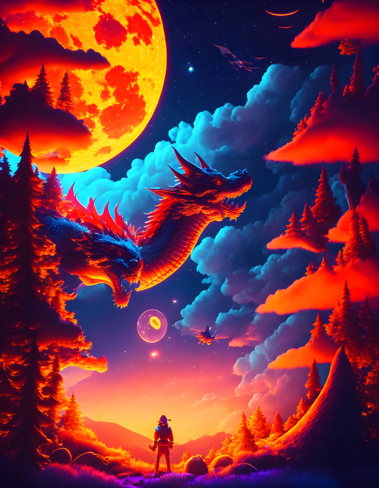 Digital artwork: Person admiring flying dragon under orange moon in starry sky with pine trees