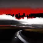 City skyline inverted on red-clouded sky above dark landscape with road and car