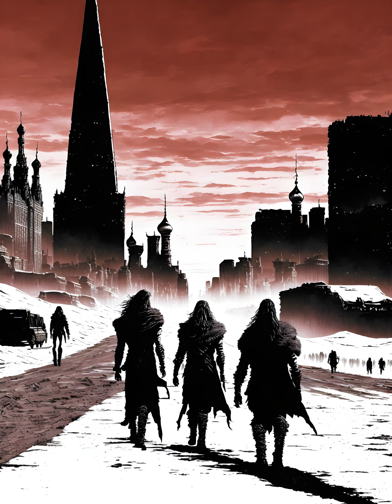 Silhouetted figures walking towards dystopian cityscape under reddish sky