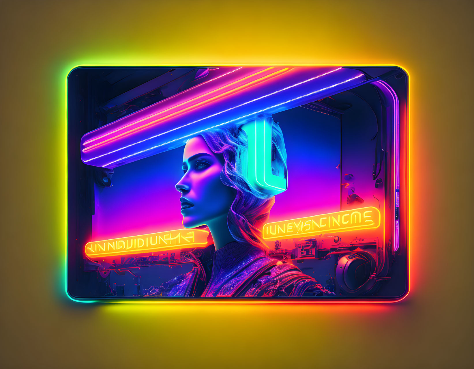 Futuristic neon-lit artwork of a woman in profile with vibrant pink and blue hues in a