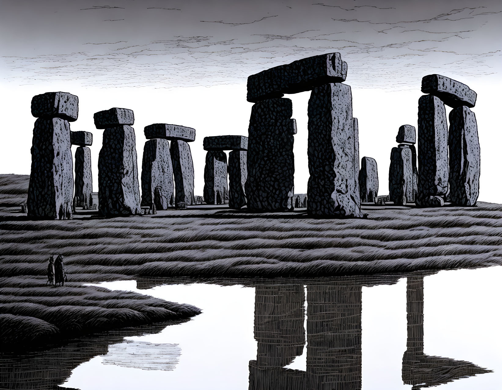 Illustration of Stonehenge with standing stones under brooding sky and water reflection