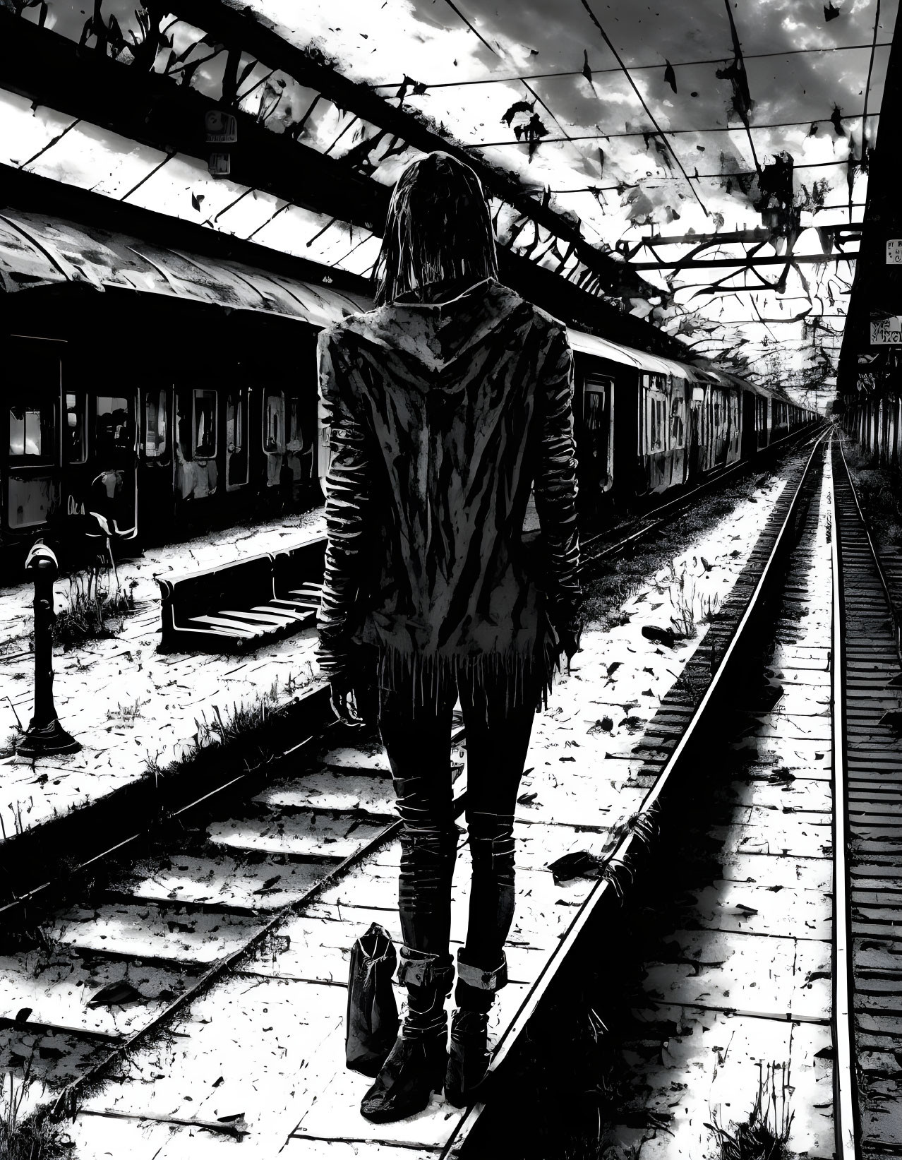 Solitary figure on deserted train platform surrounded by tracks and stationary trains.