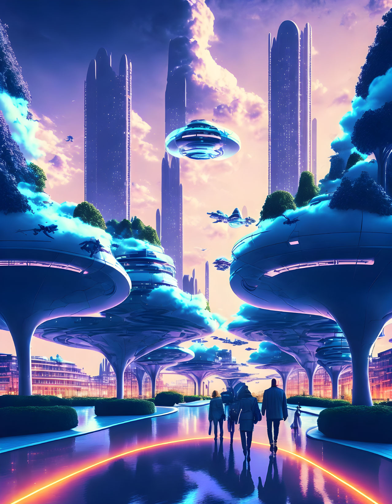 Neon-lit skyscrapers in futuristic cityscape at dusk