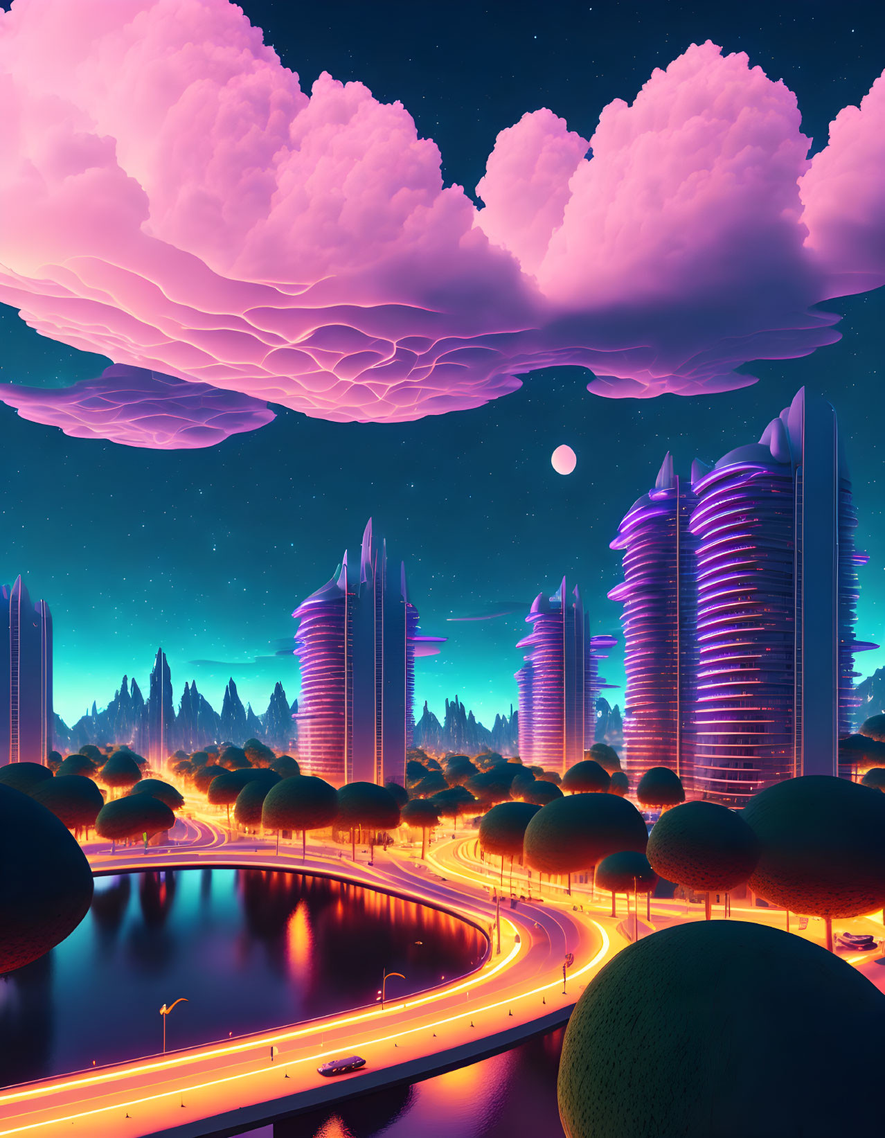 Futuristic cityscape at dusk with glowing lights and skyscrapers