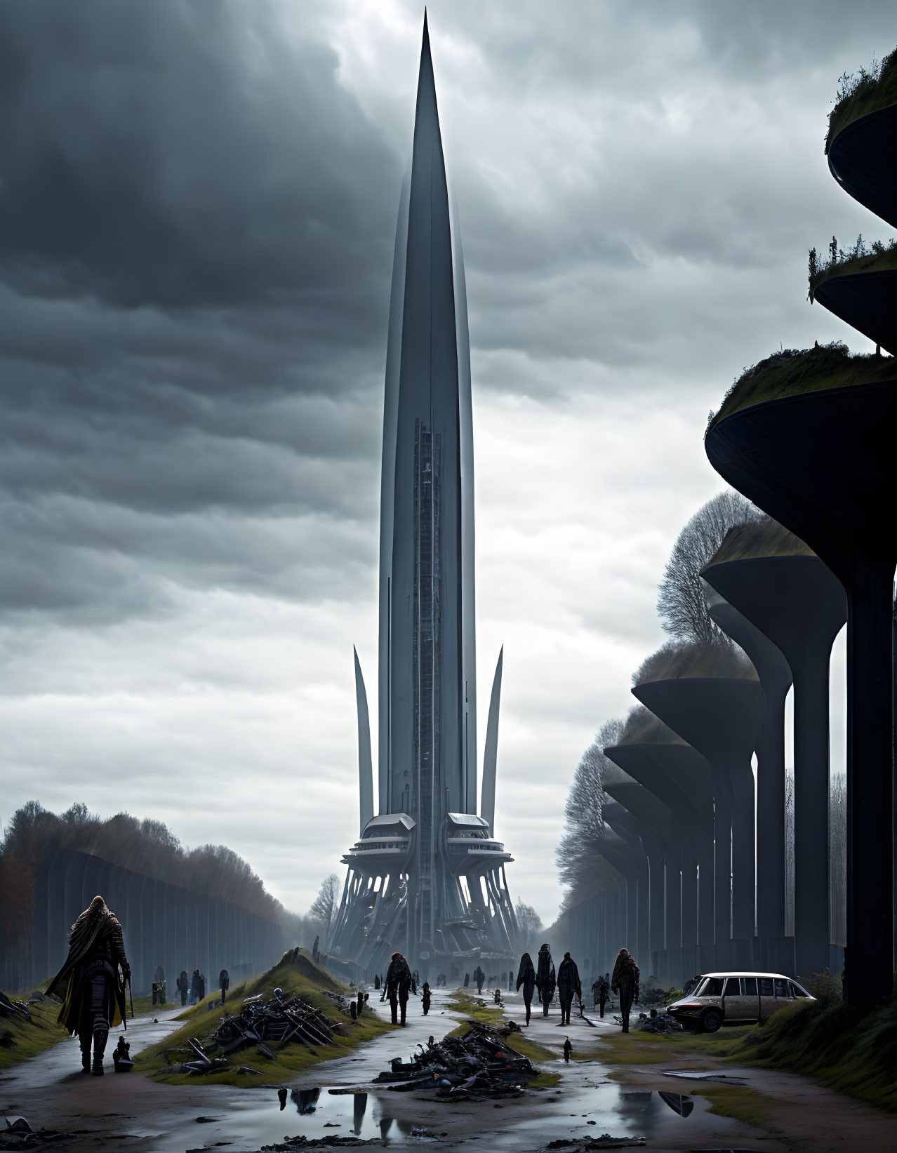 Futuristic cityscape with towering spire and tree-like structures