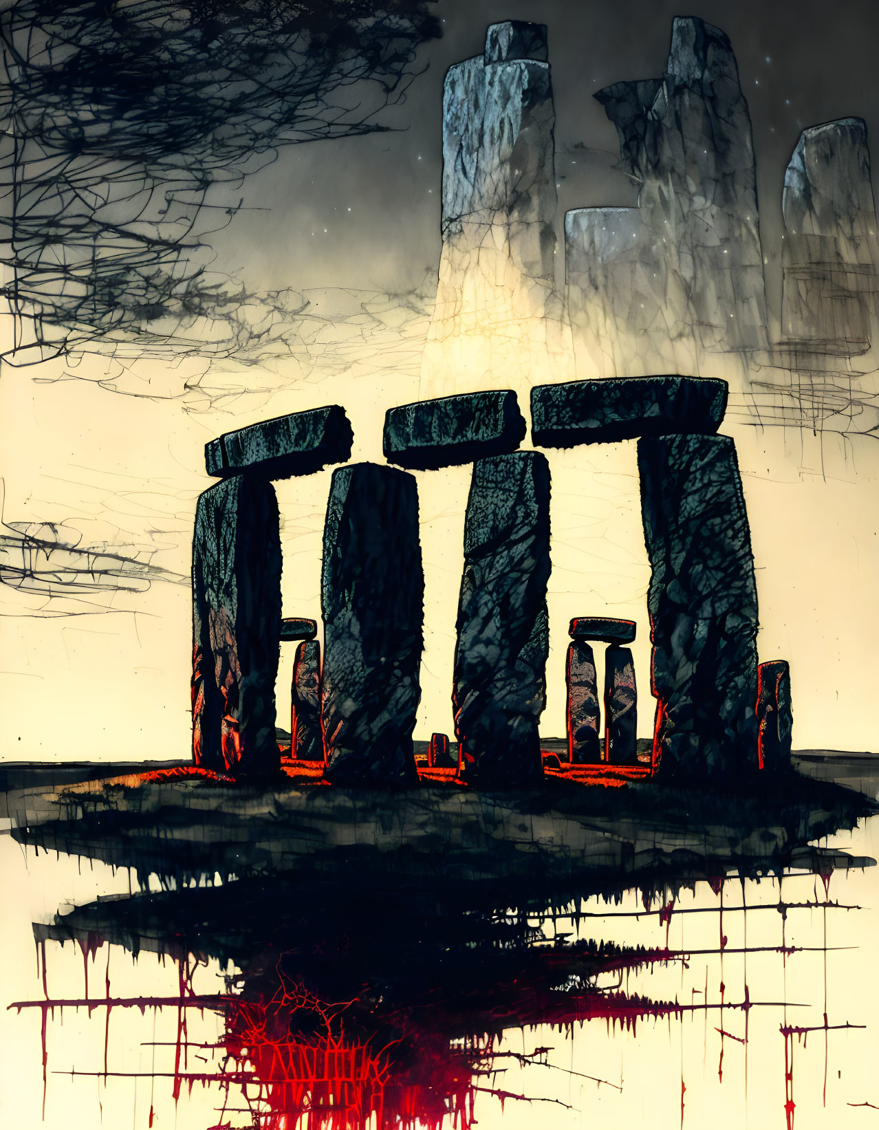 Mysterious Stonehenge-like Structure with Glowing Red Light on Dark Surface