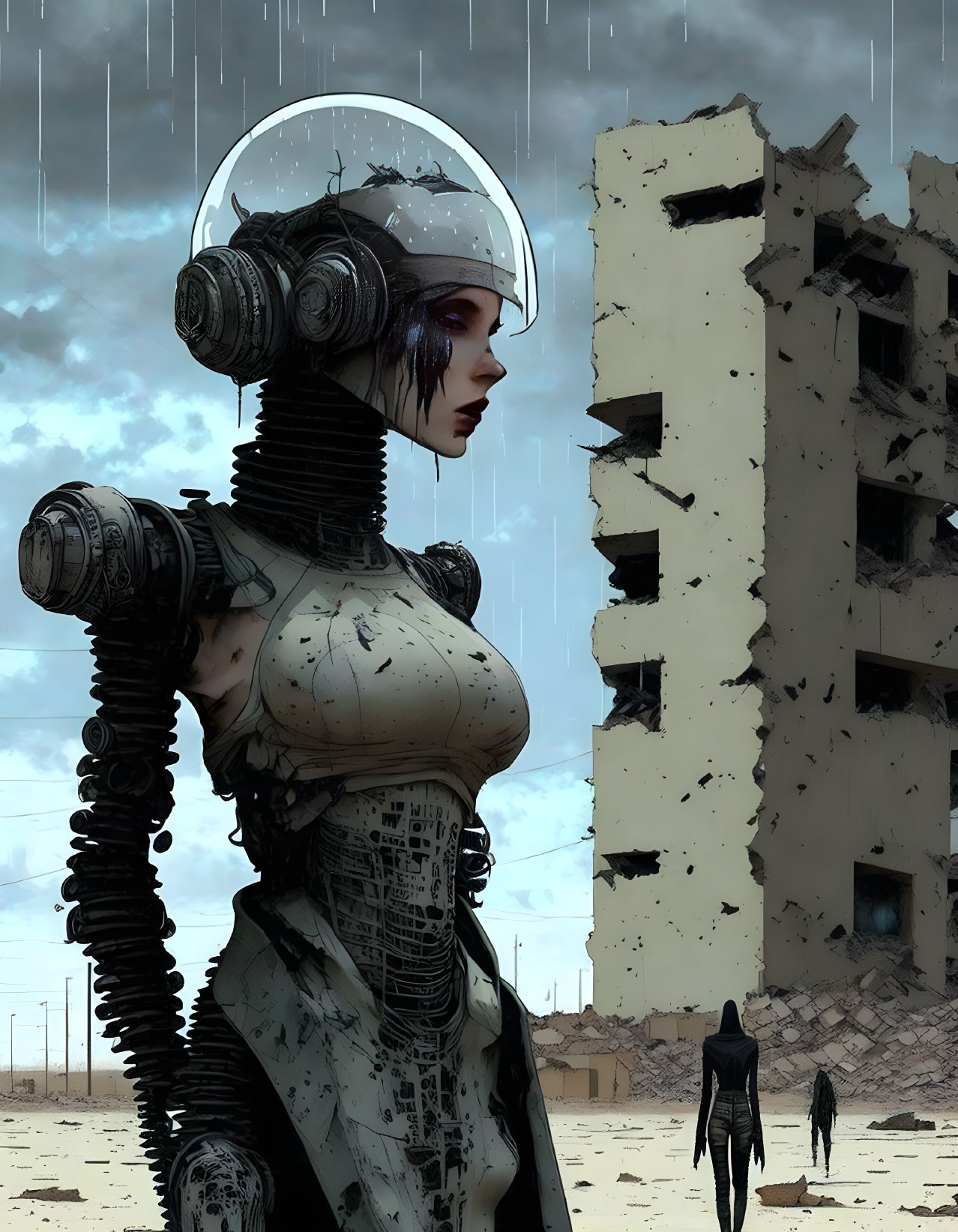 Female cyborg in transparent helmet on war-torn landscape with rain and figures.