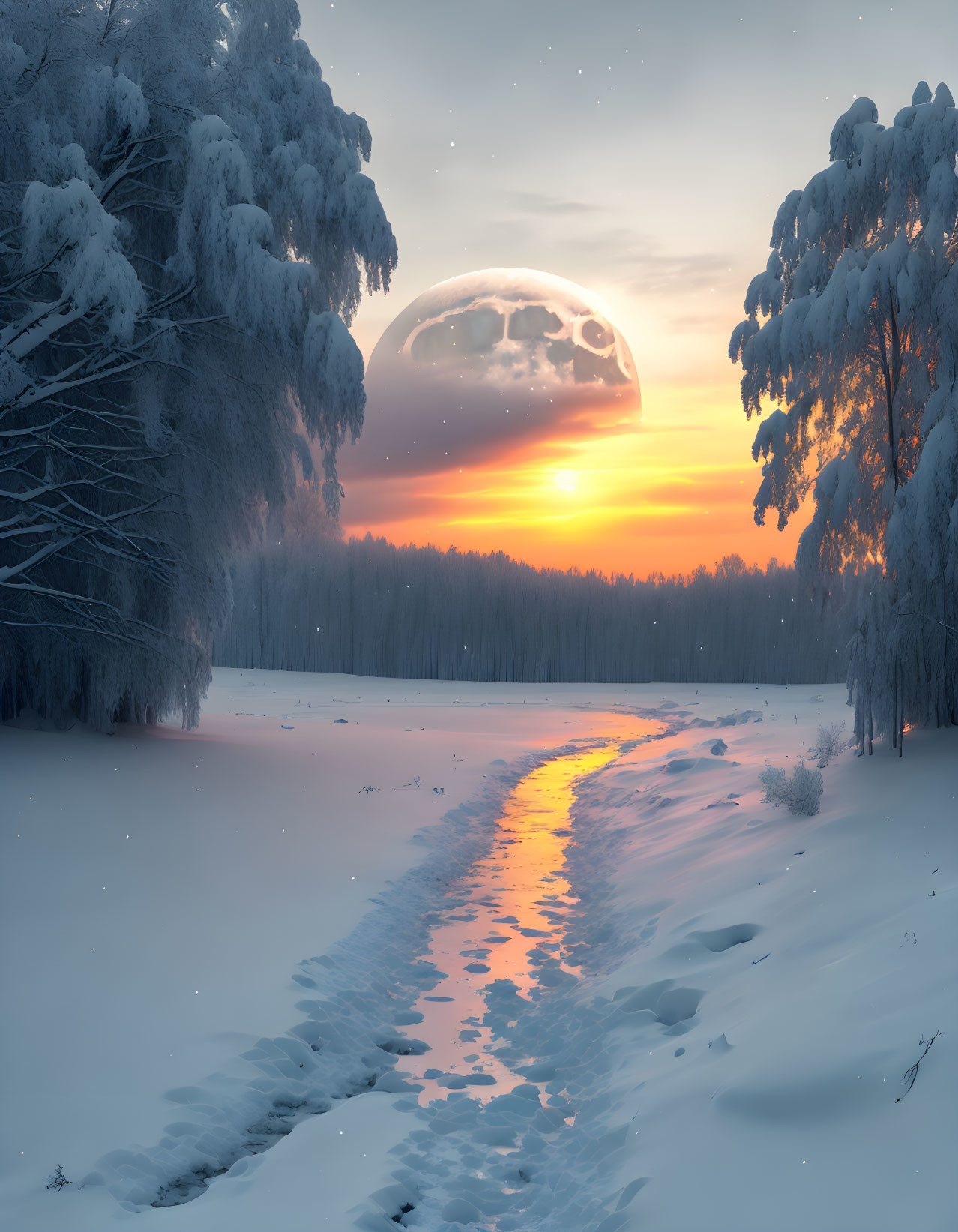 Snow-covered landscape at sunset with footsteps and fantastical moon.