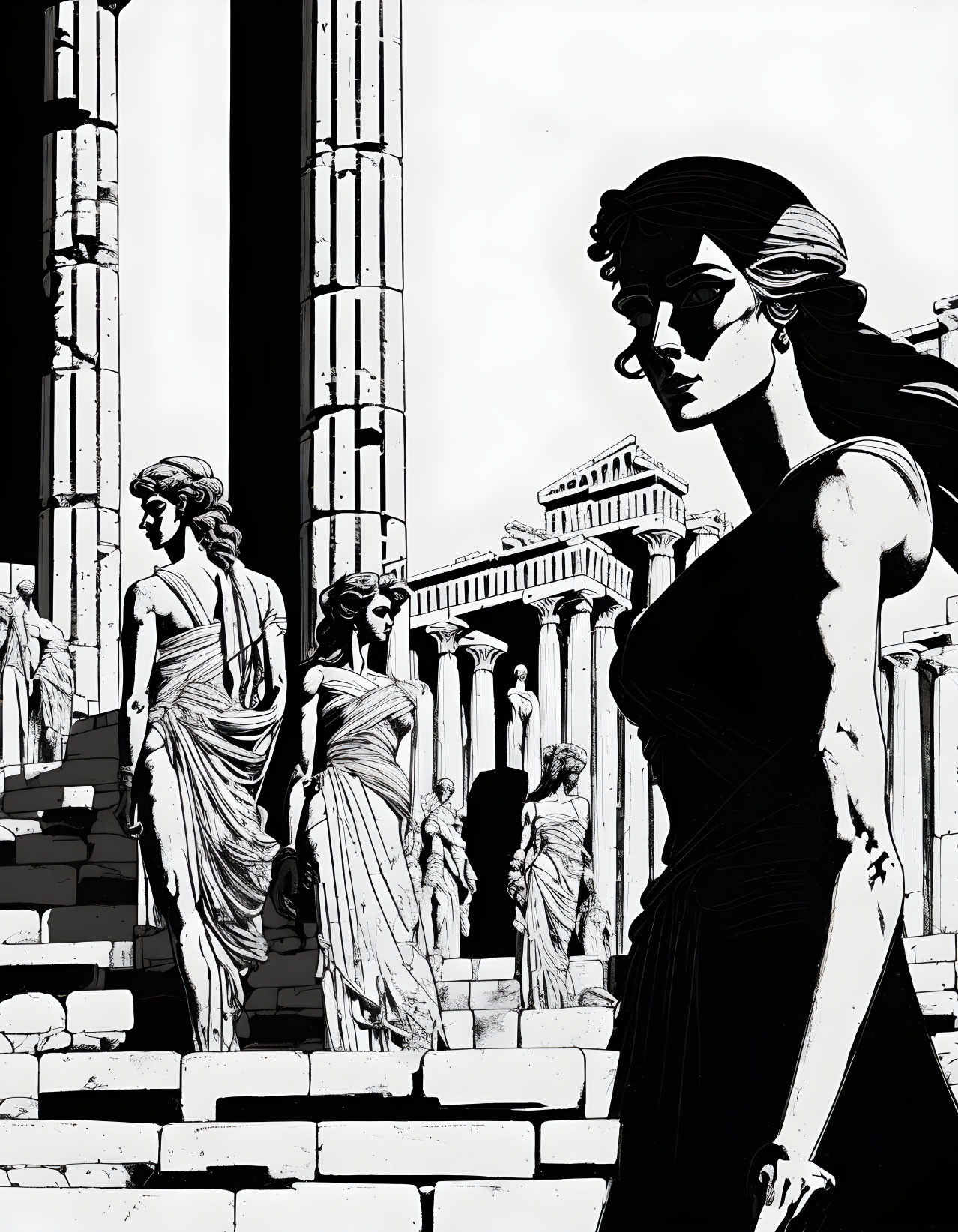 Monochrome illustration of woman with stylized hair and sunglasses against classical backdrop