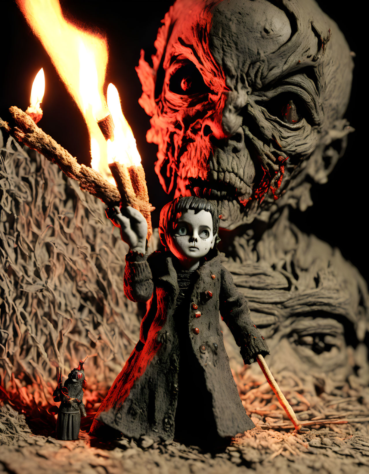 Detailed Zombie Figure and Gothic Child in Spooky Scene with Flaming Match