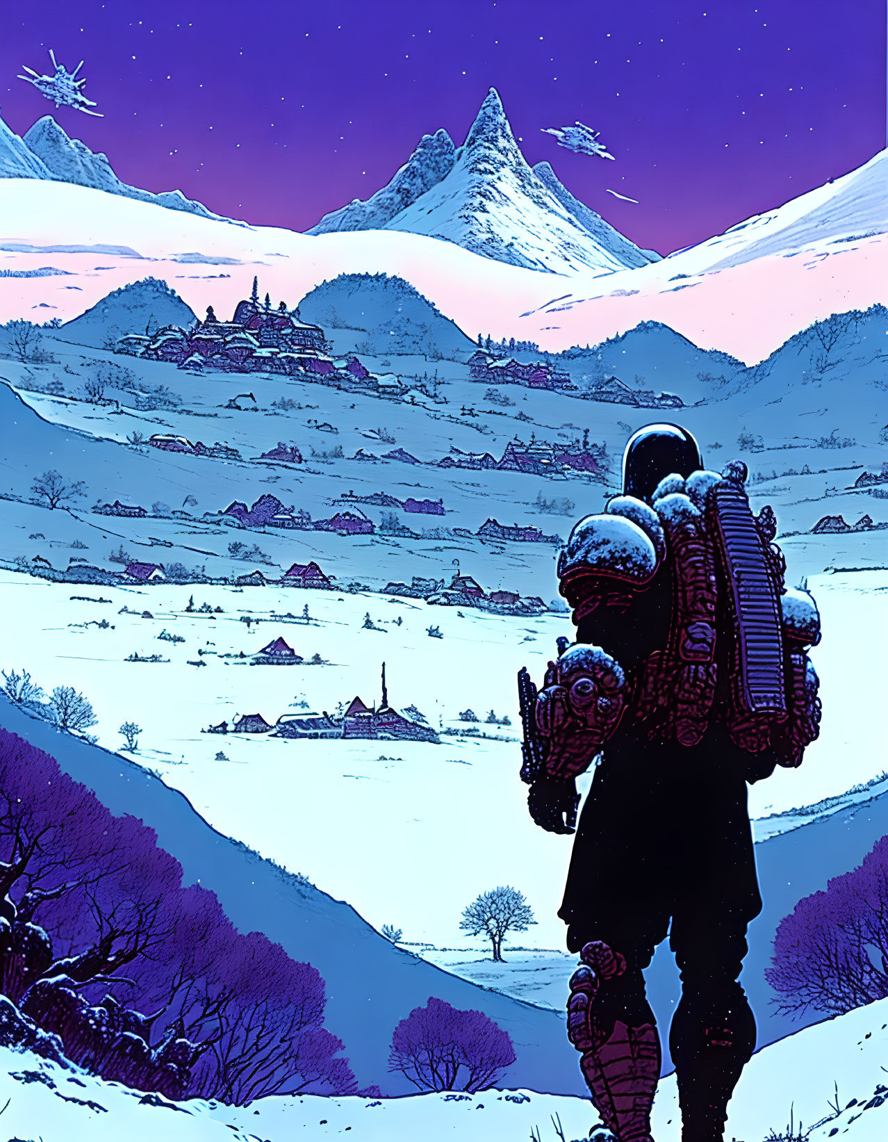 Astronaut overlooking snow-covered village under twilight sky