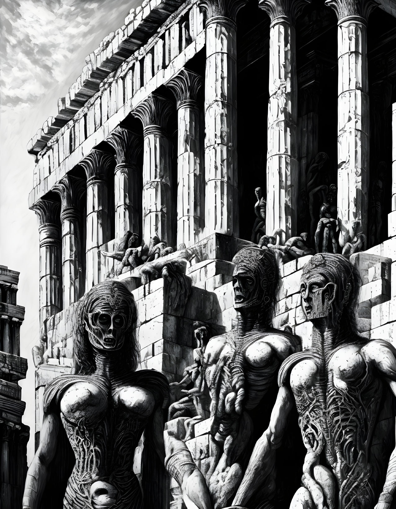 Monochrome muscular humanoid figures in intricate designs against grand architectural backdrop