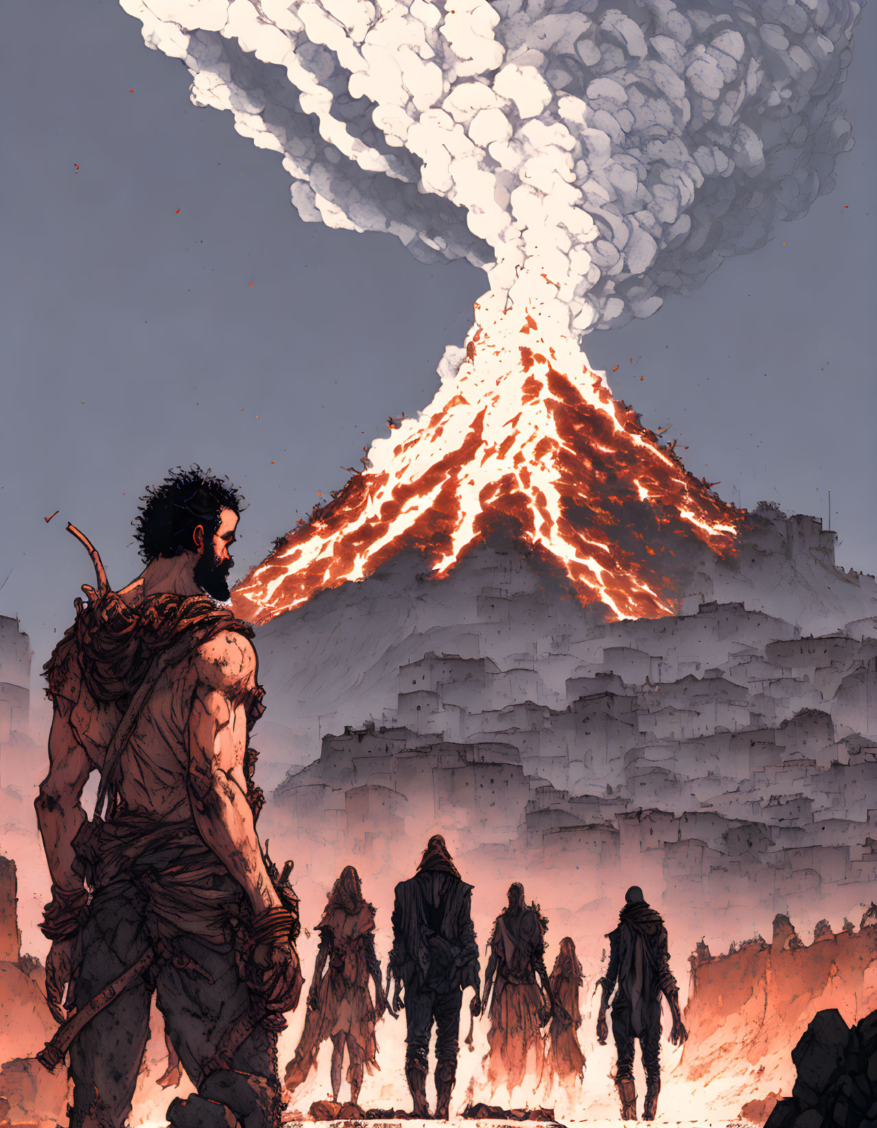 Person witnessing volcanic eruption in ruined cityscape.