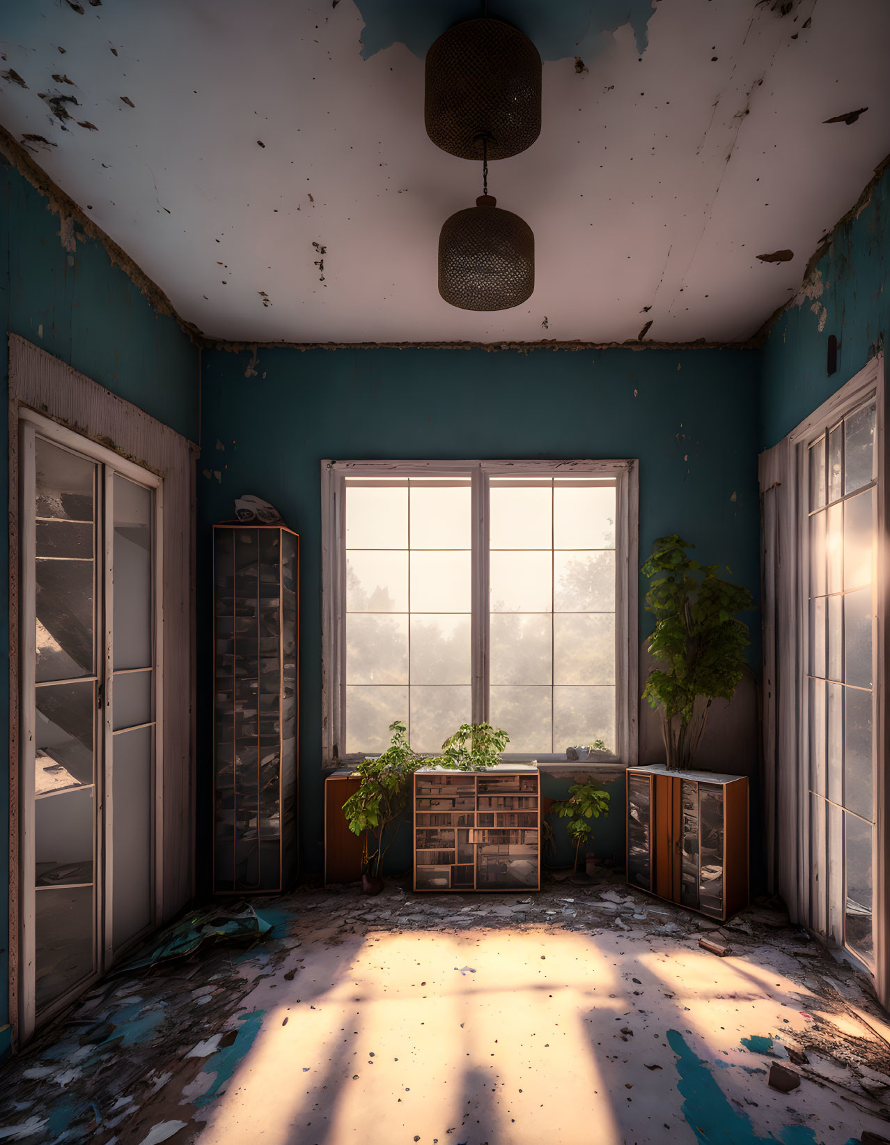 Abandoned room with peeling blue walls and sunlight filtering in