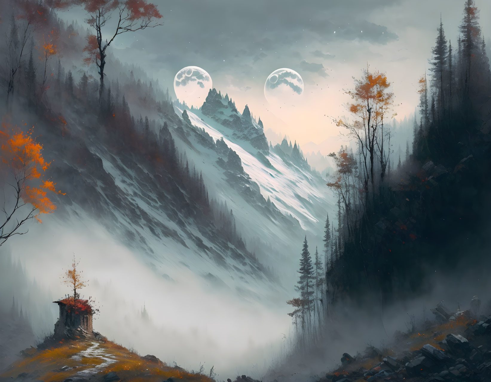 Snow-capped mountains, two moons, autumn trees, and a cabin in serene landscape