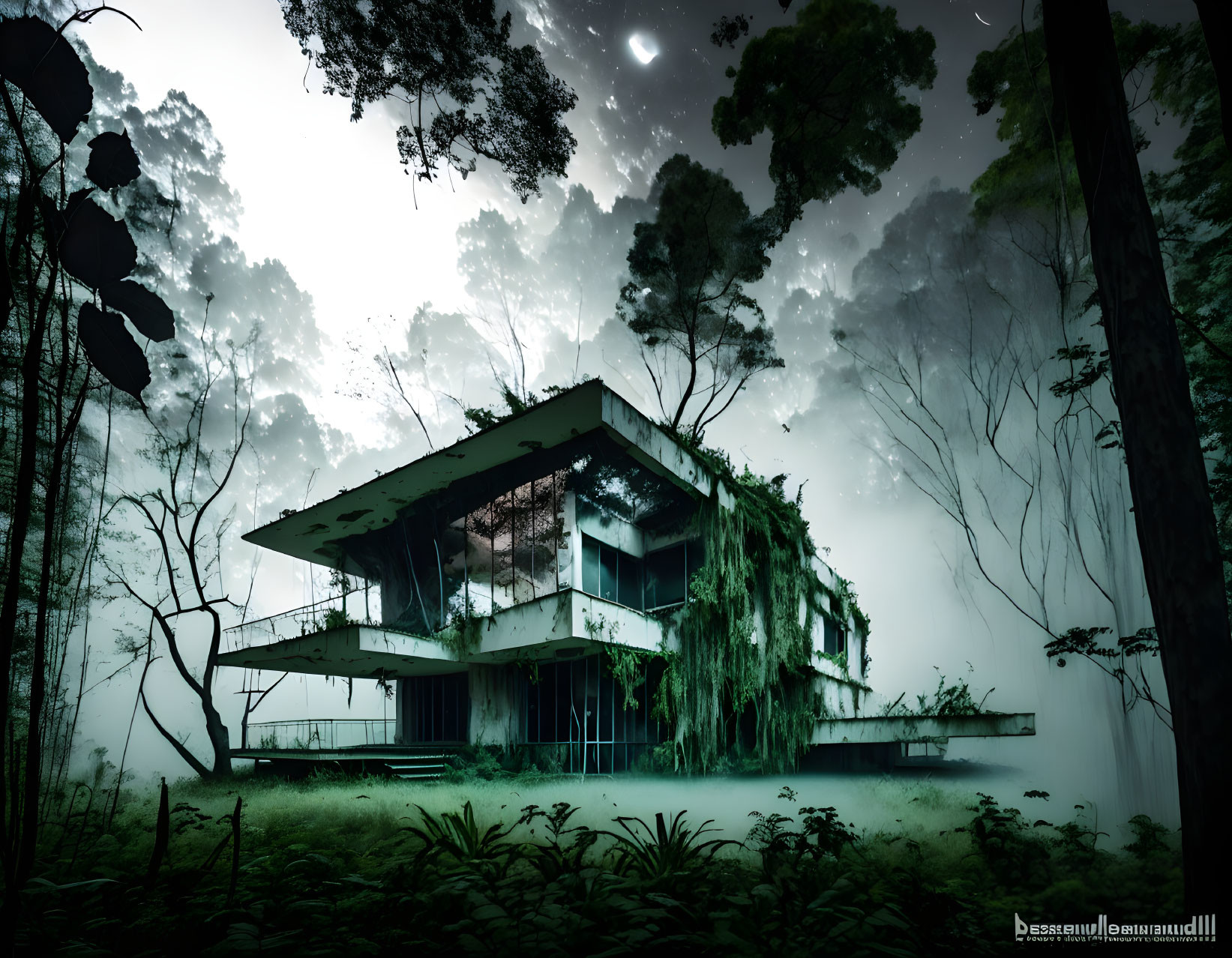 Desolate modern house covered in vines in foggy forest at dusk