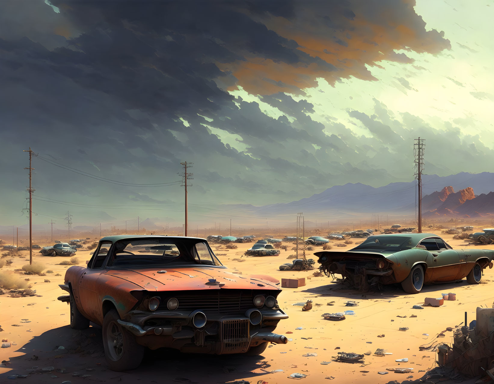 Abandoned classic car in rusty desert landscape.