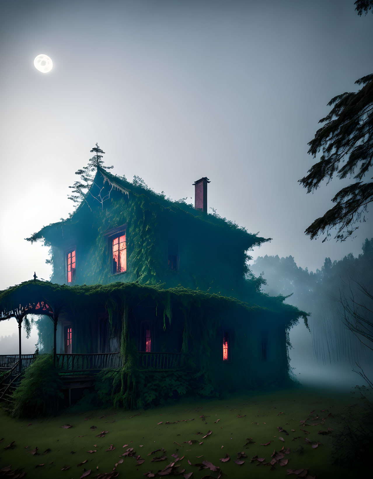 Eerie two-story house with red windows in misty moonlit setting