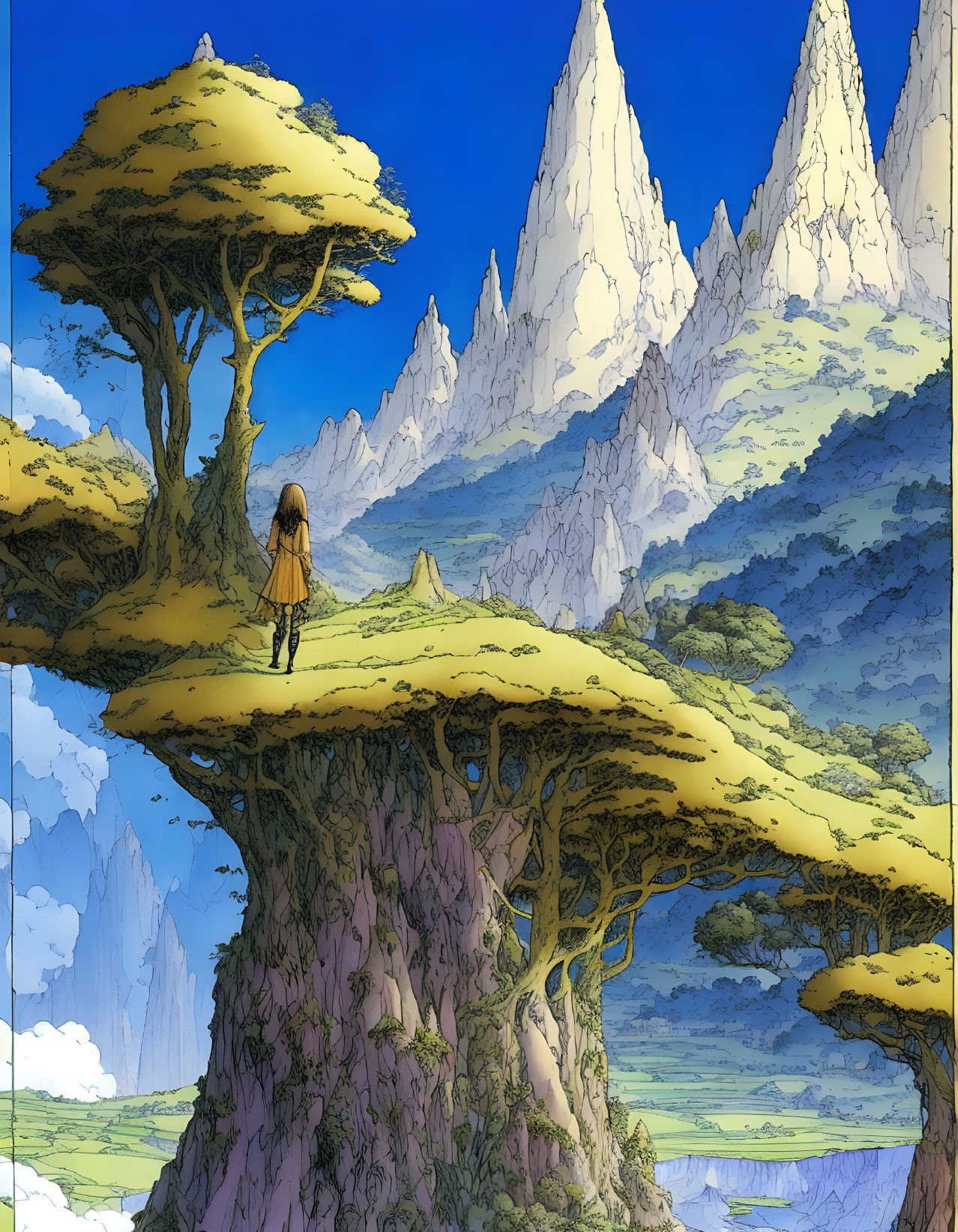 Solitary figure on giant tree overlooking valley with spiky mountains