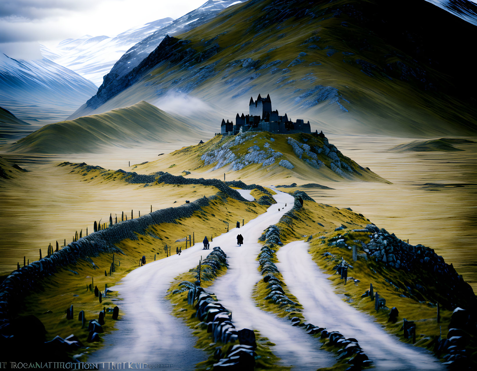 Majestic castle on hill with winding road & mountains