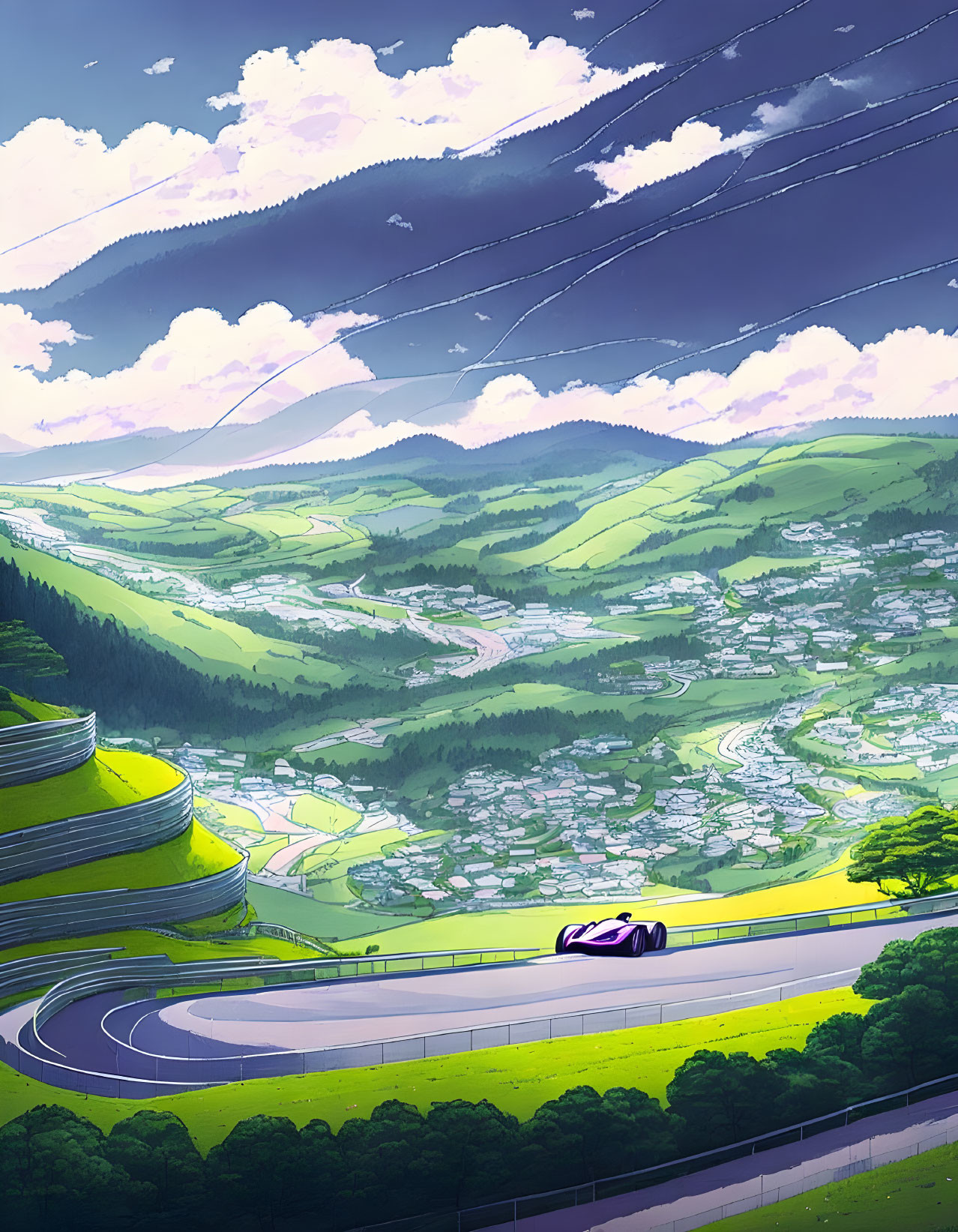 Purple sports car driving on mountain road overlooking lush valley.