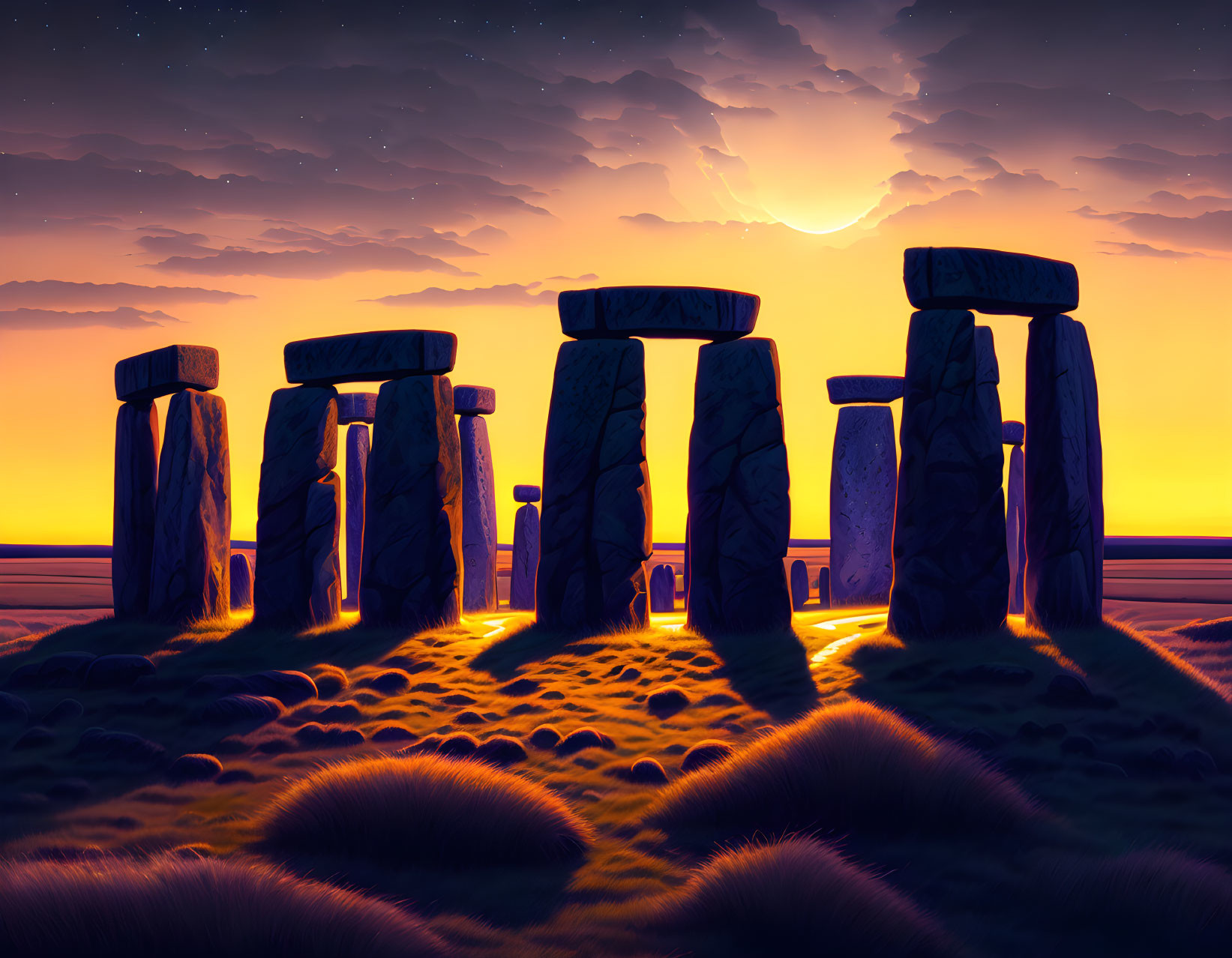 Mystical Stonehenge at Dusk with Crescent Moon