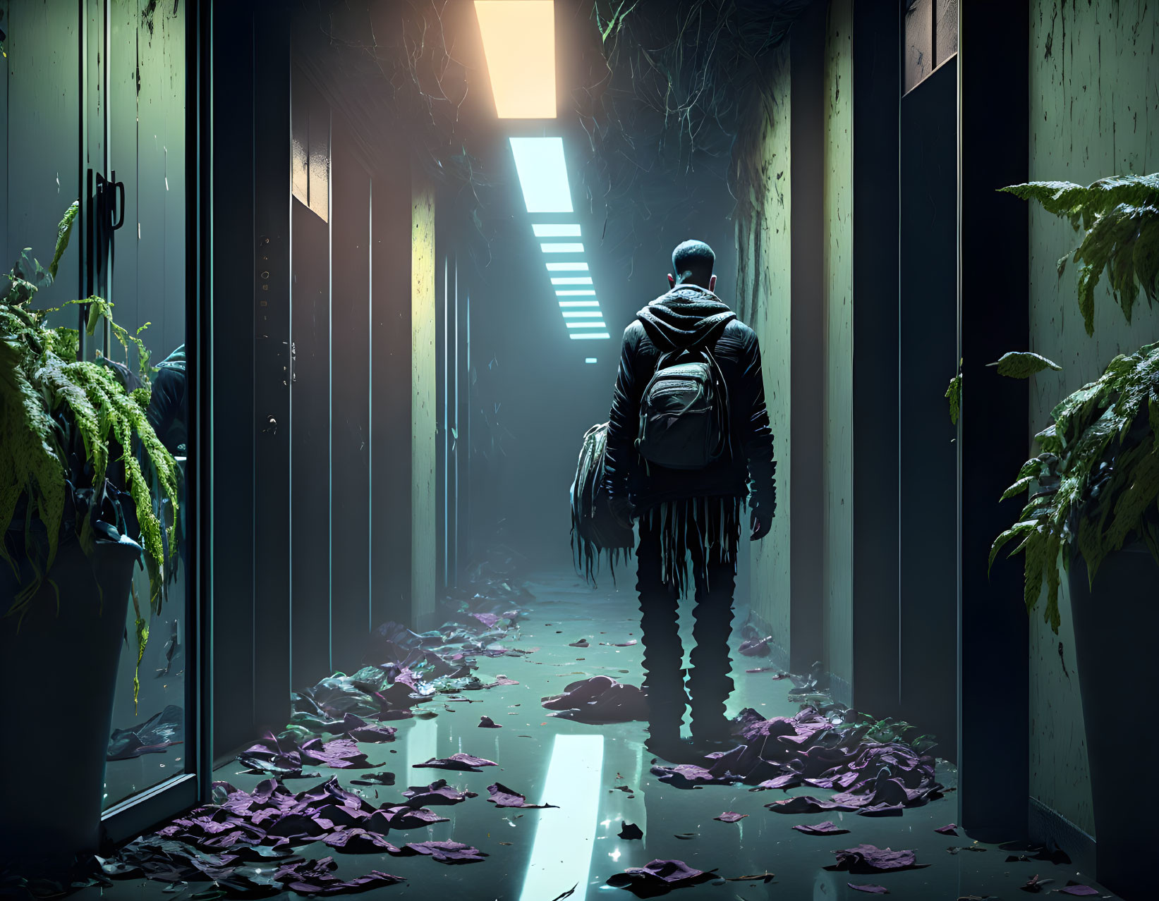 Person with backpack in dimly lit corridor with overgrown vegetation and scattered leaves.