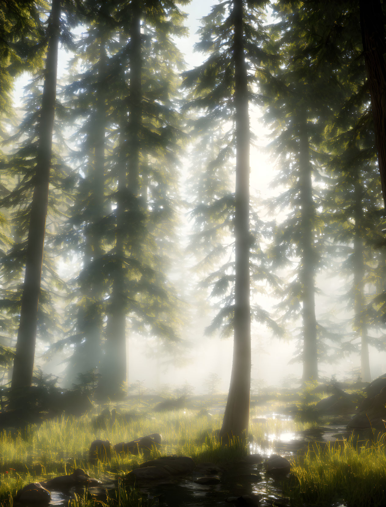 Misty forest scene with sunlight filtering through tall pine trees