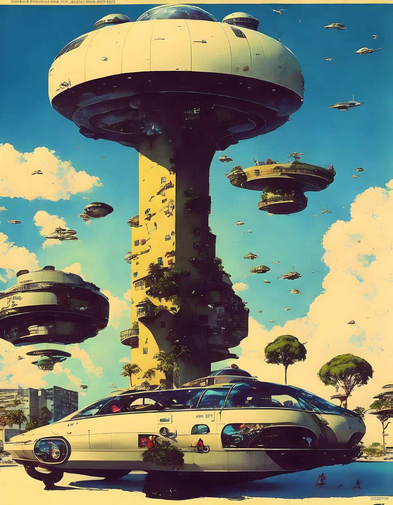 Futuristic cityscape with towering mushroom-like building and flying saucers.