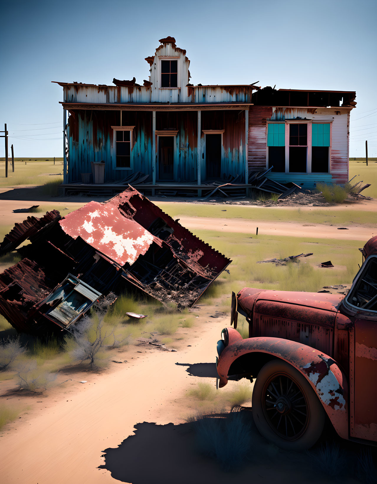 Abandoned two-story building and rusty car in deserted area with overgrown grass and scattered debris