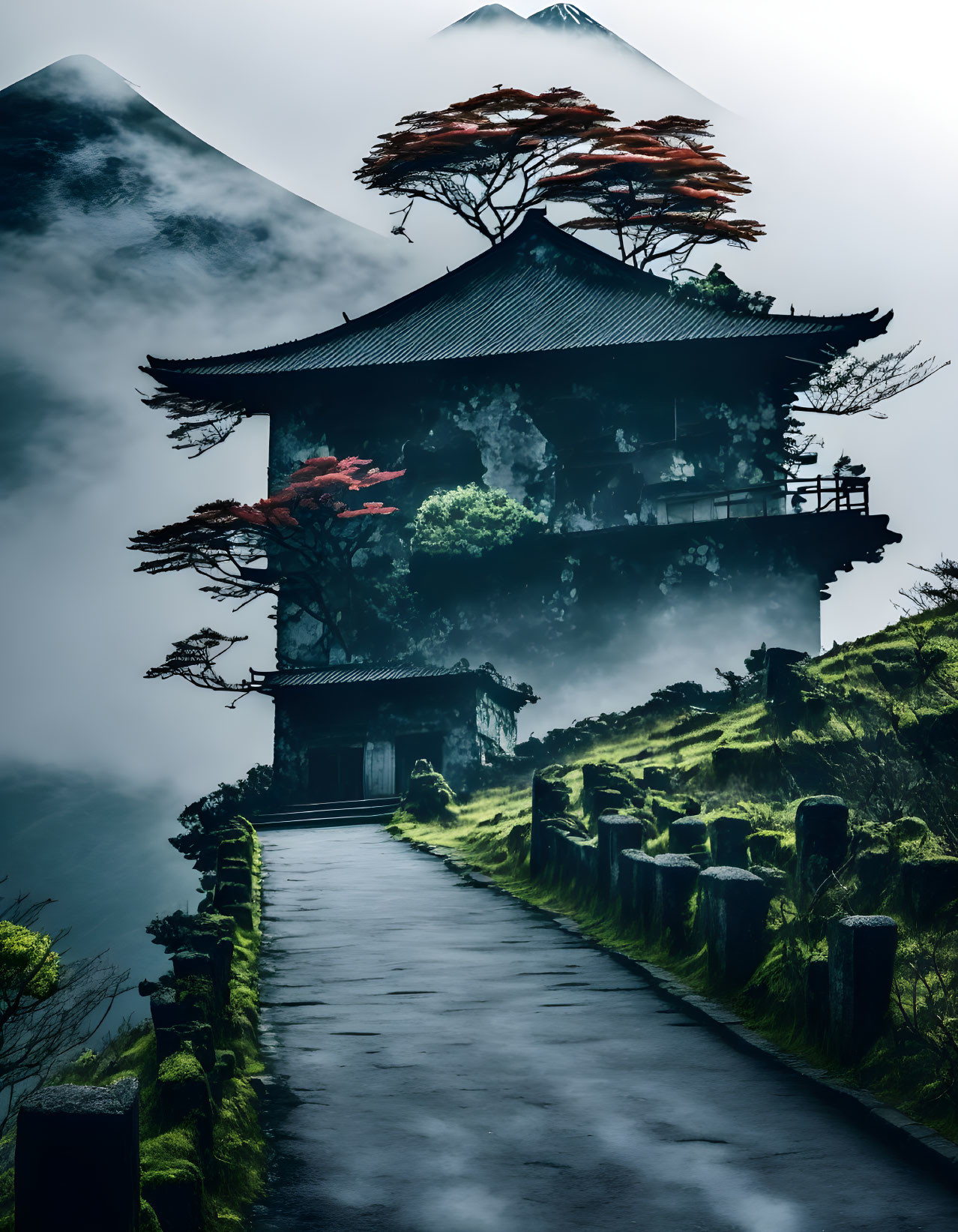 Mystical pagoda in mist with red trees and stone pathway